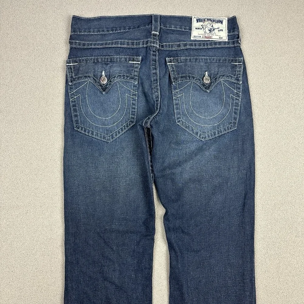 True Religion Jeans Mens 33x31 Blue Straight Flap Pockets Dark Wash Denim
